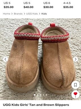 UGG Kids Tan Suede Slippers with Red Trim